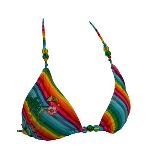 Y2K ladies embroidered rainbow beaded triangle string bikini top size Small